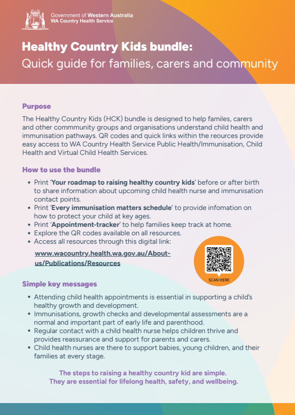 Colourful information sheet titled 'Healthy Country Kids bundle: Quick guide for families, carers and community'