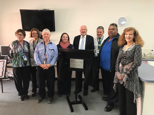 Collie refurbishment: Wellington District Manager Lucy Murphy, Regional Director Kerry Winsor, Senior Project Officer Alan James, CNM Amber Hargans, Collie Preston MLA Michael Murray, WACHS CE Jeff Moffet, Aboriginal Elder James Khan, & DHAC Amanda Lovitt.