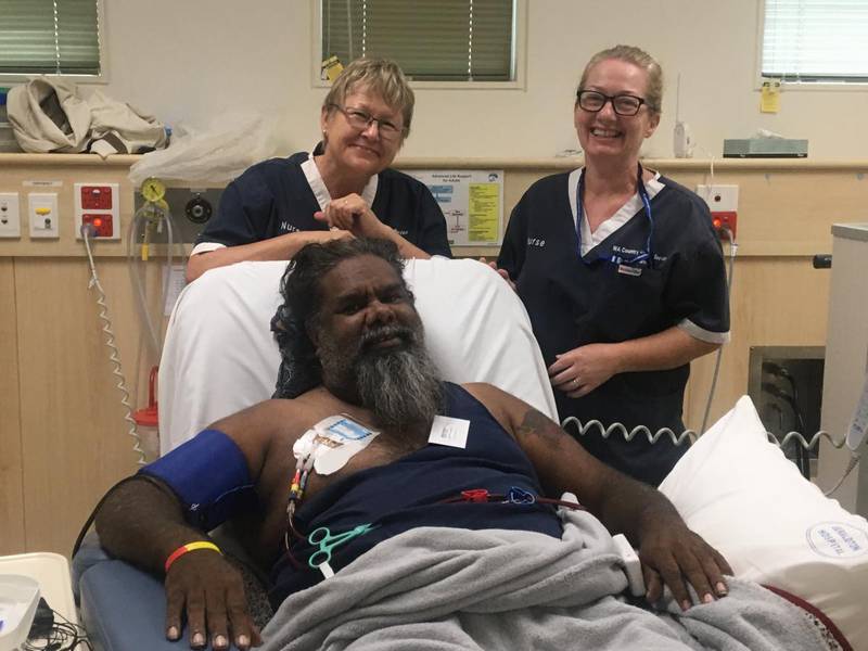 Angela McCormack (Registered Nurse) and Pia Grundy (Registered Nurse) with Geraldton Renal Dialysis Unit patient Derek Councillor.