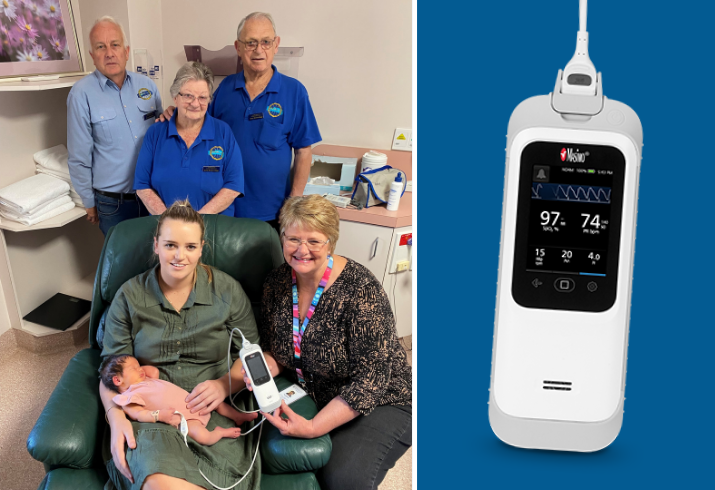 Mum Kaylee holds baby Mila with members of the Avon Valley Vintage Car Club and CNS Karen Coyle; also a close up of one of the Masimo baby monitors