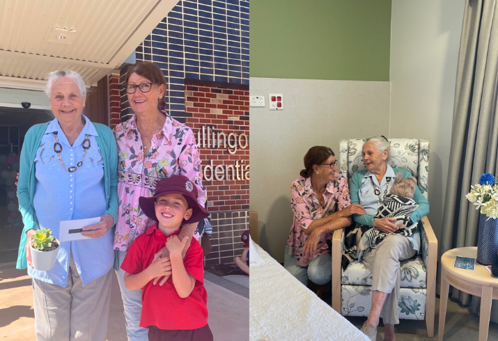 Primary school student Jimmy Kearney with his grandmother Jenny Caunt and Great Grandmother Lyn Price who has moved into Gnullingoo Mia Residential Care