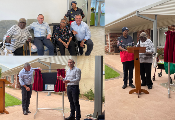 Three photos depicting Gnullingoo Mia Residential Care opening ceremony with Health Minister Roger Cook, WACHS Board Chair Dr Neale Fong and residents.