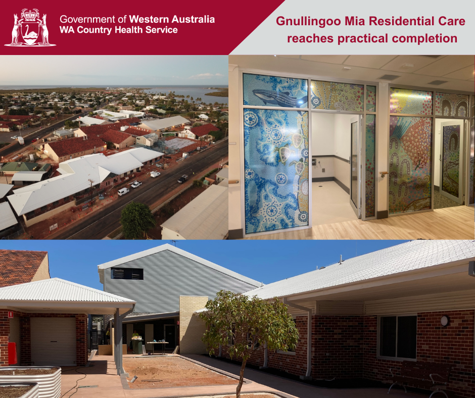 Carnarvon's Gnullingoo Mia Residential Care facility in three shots; aerial photo, interior glass walls and exterior courtyard.