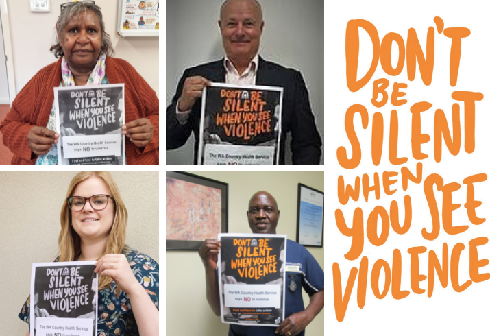 Collage of four WACHS staff holding up posters that say 'Don't be silent when you see violence'