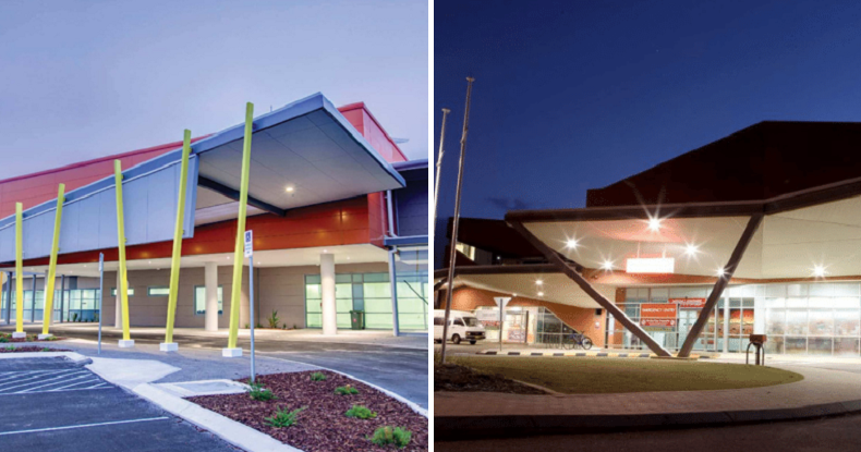 Photographs of Albany Health Campus and Geraldton Health Campus side by side
