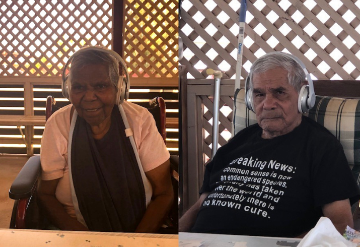 Two photos of WACHS Midwest aged care residents Jorna and Paddy wearing their music-playing headphones