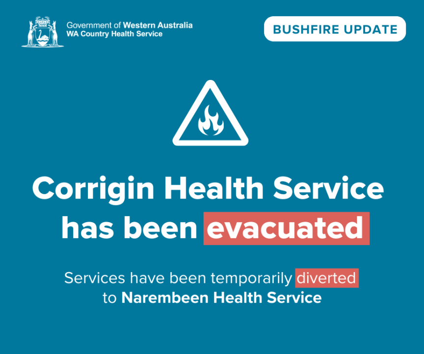 An emergency tile that says Corrigin Health Service has beenevacuated