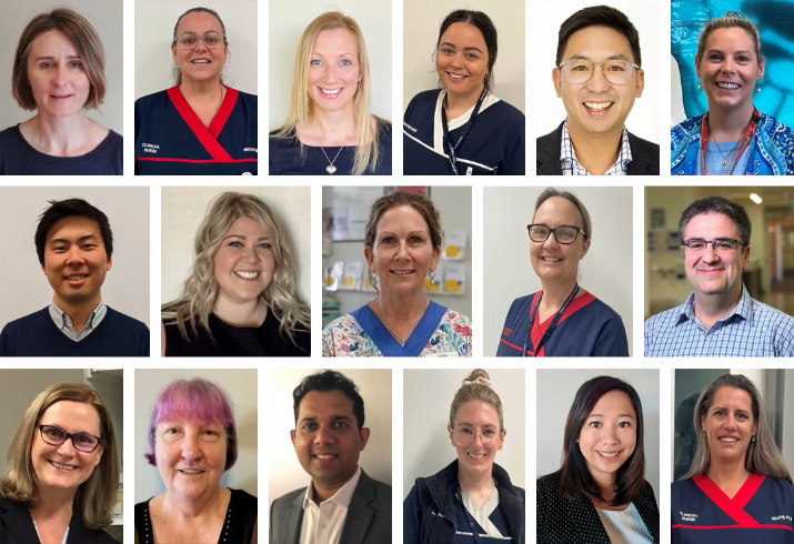 A composite image of 17 portrait photos of nurses and doctors