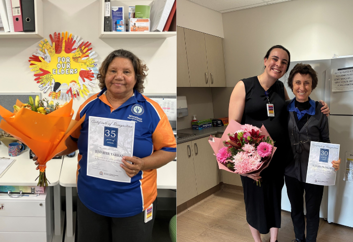 Two photos side by side, on the left a woman holds a certificate and flowers and smiles, on the right  two women stand together in a kitchen one holds flowers, the other holds a certificate.