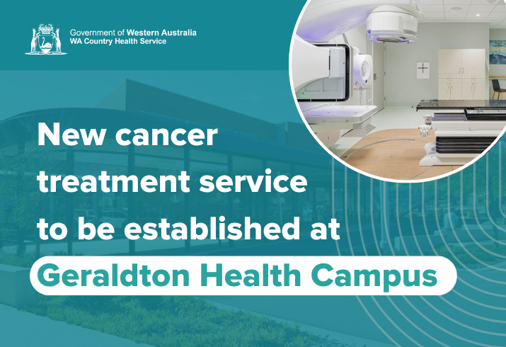 A tile with a picture of healthcare technology overlaid on a picture of Geraldton Health Campus with the text New cancer treatment service to be established at Geraldton Health Campus