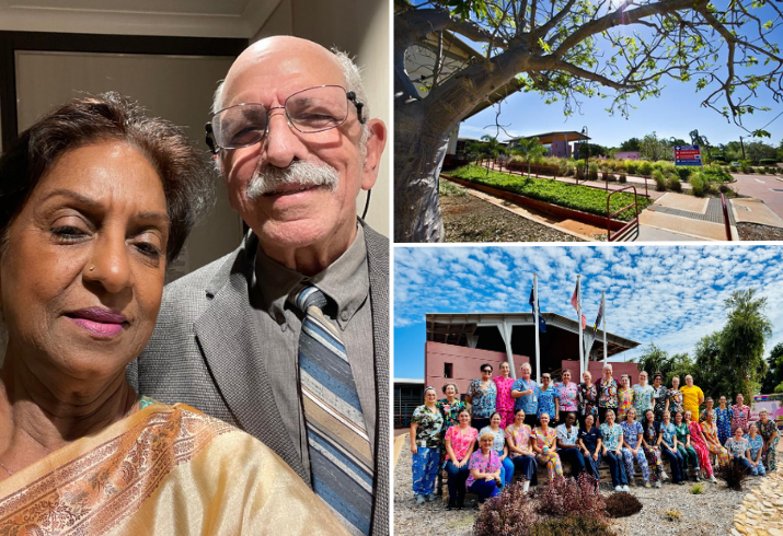 A composite photo of Raymond Cooke and wife Annie and the Broome Health Campus team, as well as a picture of the front of the hospital.