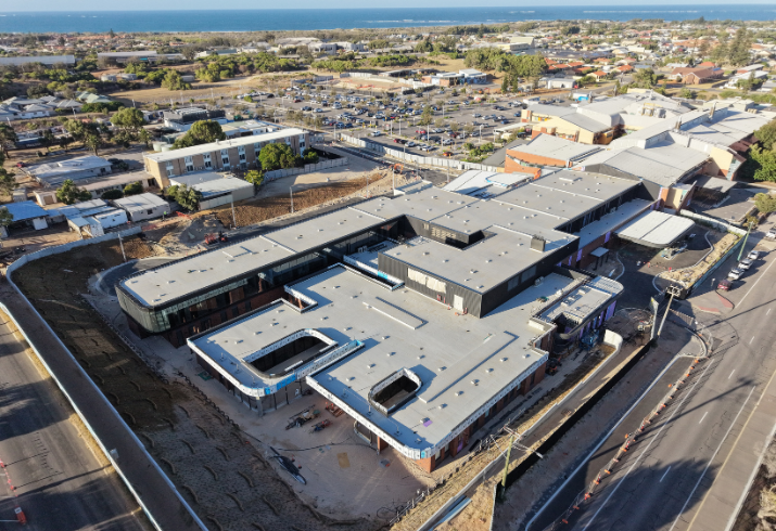 Aerial view of Geraldton Health Campus showing the construction in the foreground nearing completion.