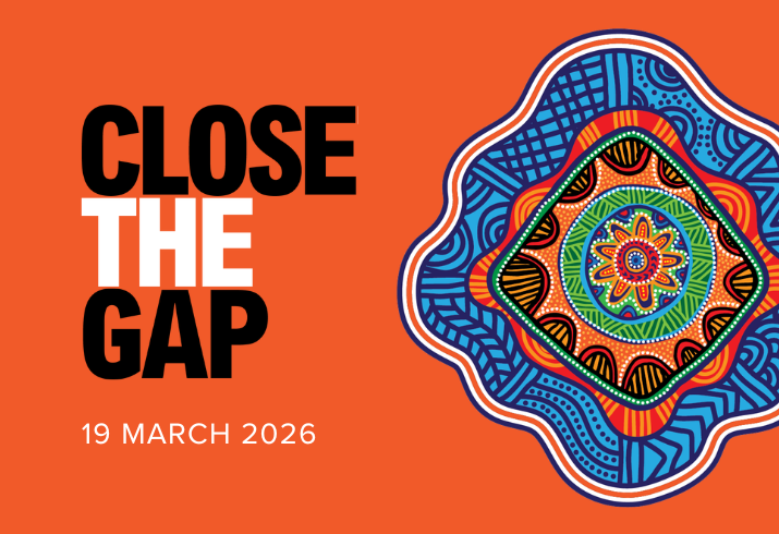 Graphic tile with orange backround and Aboriginal artwork with text 'Close the Gap - 19 March 2026'.