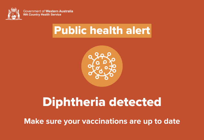 An orange tile graphic with the words public health alert diphtheria detected and a graphic showing a pathogen of some kind