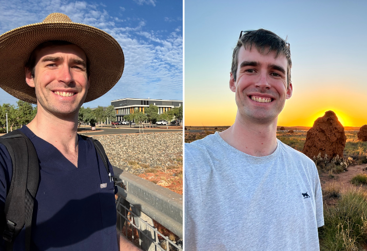 Left photo: Doctor in scrubs with a wide brim hat in front of hospital. Right photo: Same doctor is casual shirt with stunning landscape behind.