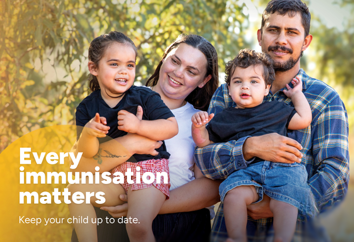 Photo of a mum, dad, son and daughter with trees in the background and text overlaid 'Every immunisation matters - keep your child up to date'.