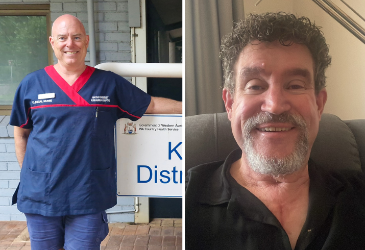 Left image: Photo of a male nurse in scrubs standing next to Kununurra District Hospital sign. Right image: Man in black shirt smiling.
