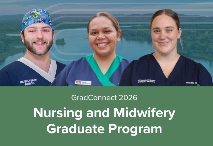 Graphic with three nurses against a landscape background with text 'GradConnect 2026: Nursing and Midwifery Graduate Program'