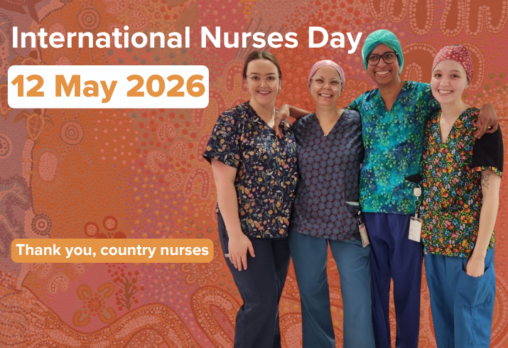 Four nurses in brightly coloured scrubs stand together with the words International Nurses Day 12 May 2026 and thank you country nurses