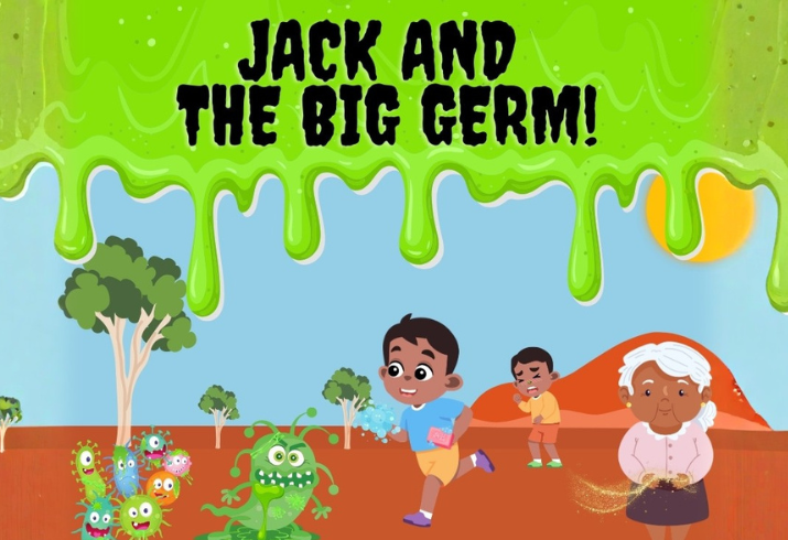 Colourful illustrated book cover with 'Jack and the Big Germ' title on top of green slime. Image below title shows kids and a grandma playing in an outback setting with germ characters around them.