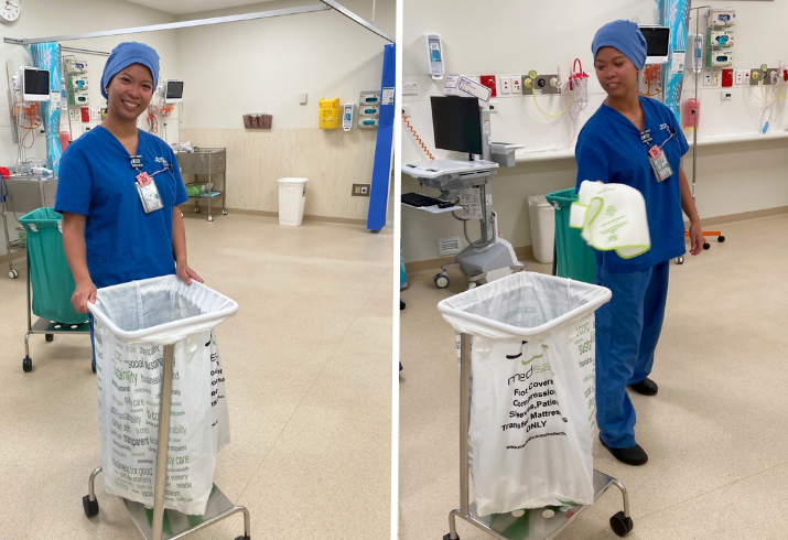 A Registered Nurse in operating theatre scubs puts a used item in a special bin for recycling.