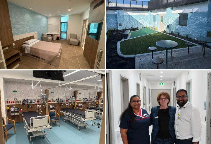 Four photos show a hospital room with a bed, an outside courtyard, a hospital room with equipement and two hospital beds and three hospital workers smiling