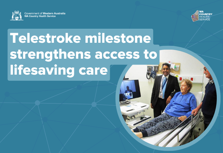 Telestroke milestone strengthens access to lifesaving care with a photo of a woman on a bed surrounded by partner and doctor, all three are looking at a computer screen with a man on the screen