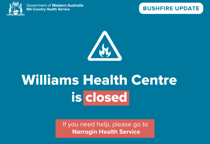 A blue tile featuring the words 'Williams Health Centre closed' 