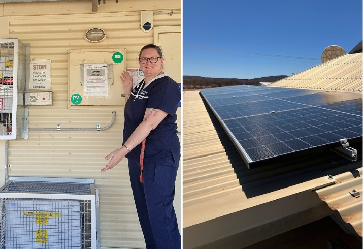 Left photo: nurse posing with the solar panel system. Right photo: solar panels on the roof.