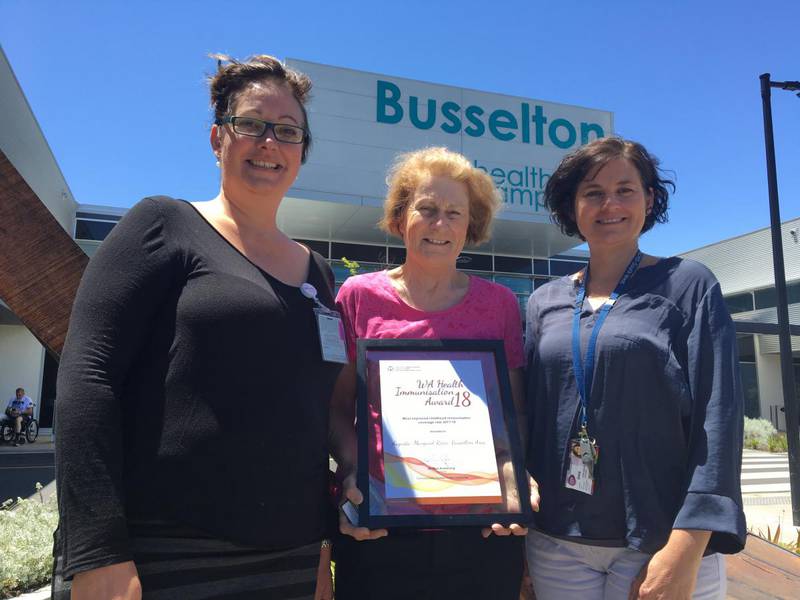 (Left-right) Maree Deimel (Child Health Nurse), Jenny Jurat (Immunisation Coordinator, Naturaliste) and Donna Guthridge (Nurse Manager – Community Health, Naturaliste), celebrating their win.