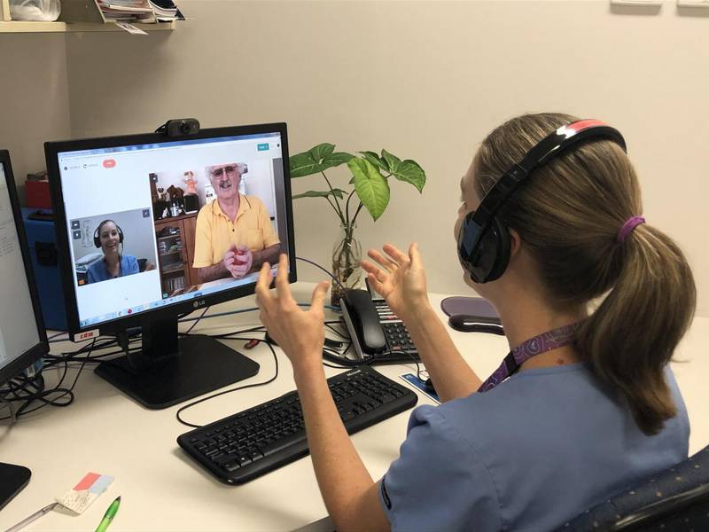 Bunbury resident David McNair and senior occupational therapist Kit Lucas in a virtual consult.