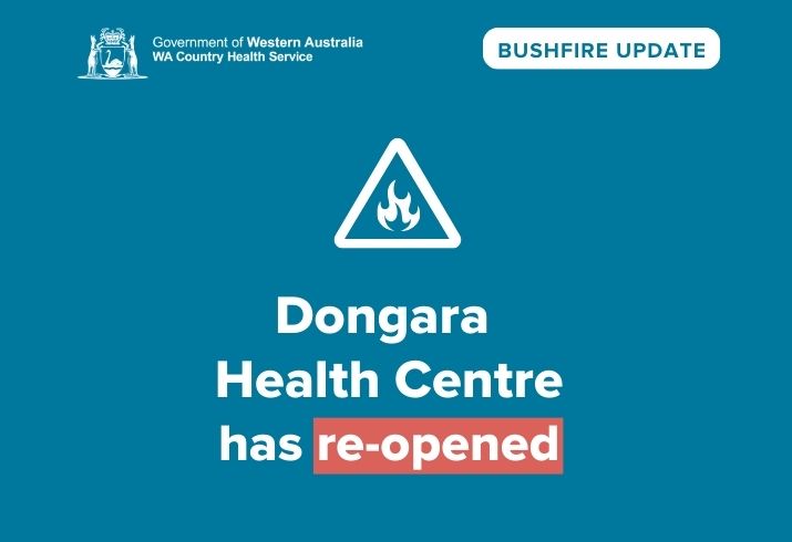 Blue tile saying Dongara Health Centre reopened