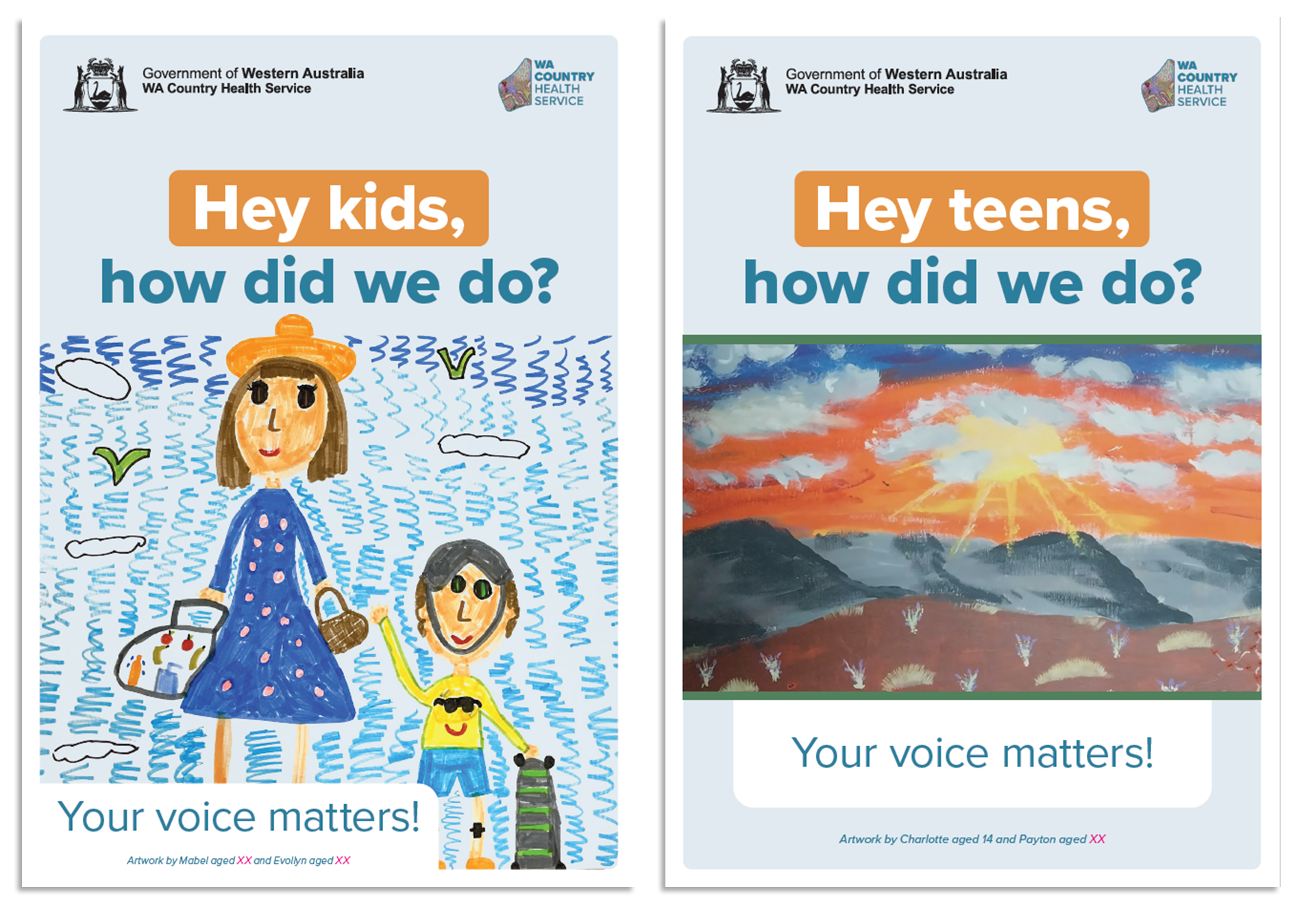 Visual example of the feedback forms for kids and teens, showing the text "Hey kids, how did we do?" and artwork.