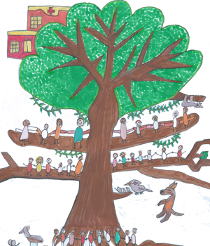 Artwork created by a country WA kid, showing a tree with people and animals.