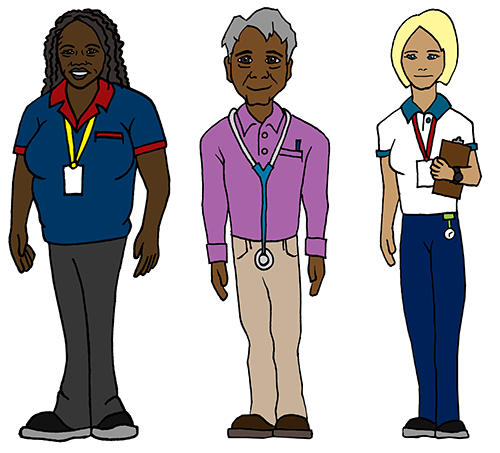 Three animated health workers.