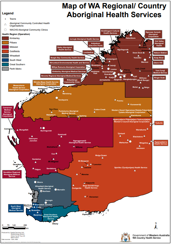 Map of WA Regional Country Aboriginal Health Sites
